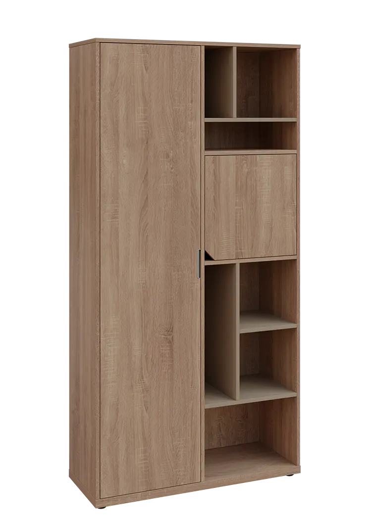 KSR6-83 L skříň šatní, 1x výsuvné ramínko, dvířka, niky, 2053x1022x400 mm, provedení levé, korpus a dvířka dub bardolino/police latte